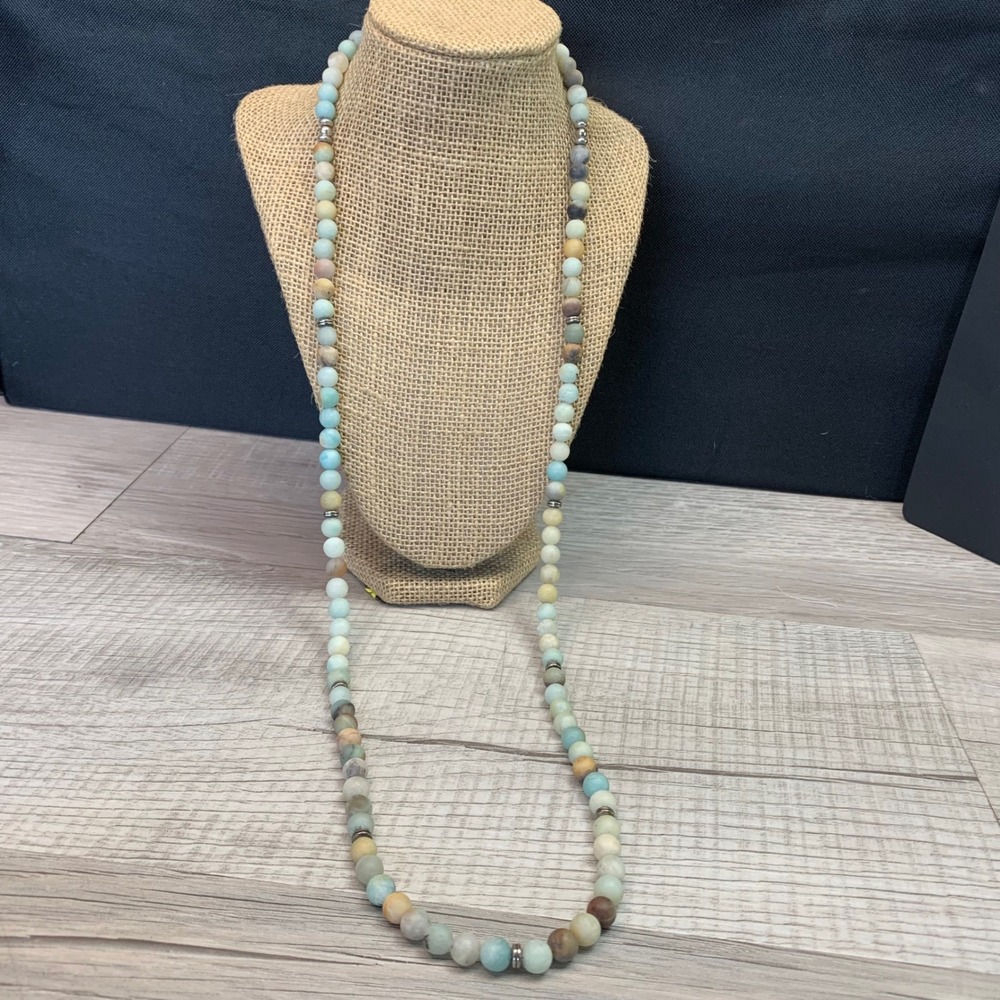 Boho Matte Stone Beaded Stretch Necklace 36 Inch Blue Tan Lotus Charm